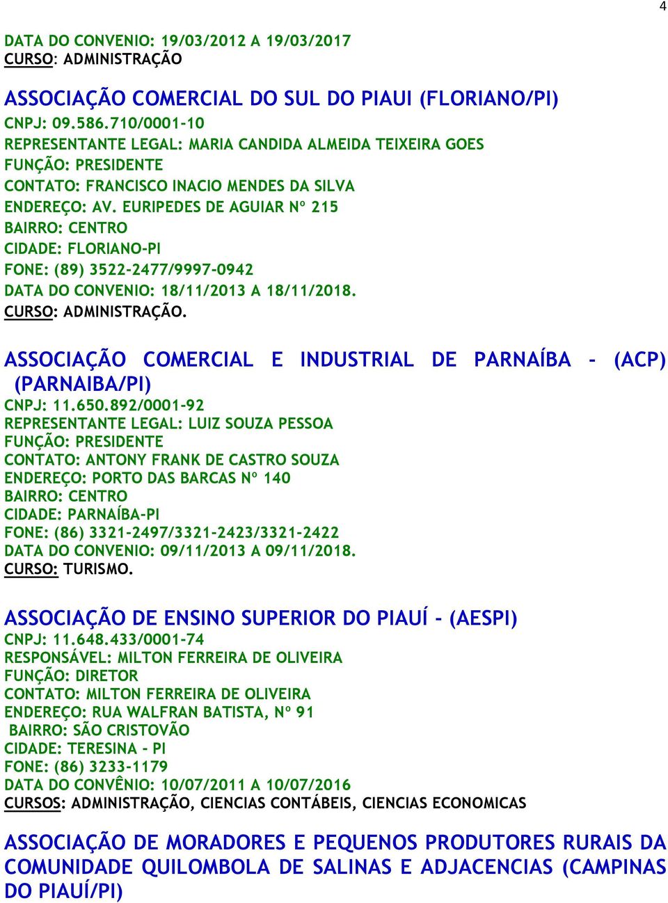 EURIPEDES DE AGUIAR Nº 215 CIDADE: FLORIANO-PI FONE: (89) 3522-2477/9997-0942 DATA DO CONVENIO: 18/11/2013 A 18/11/2018.. ASSOCIAÇÃO COMERCIAL E INDUSTRIAL DE PARNAÍBA - (ACP) (PARNAIBA/PI) CNPJ: 11.