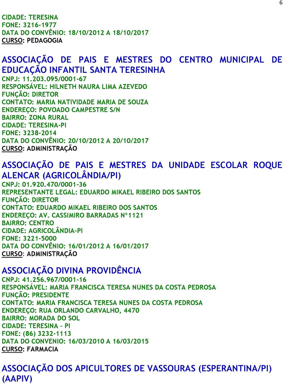 DATA DO CONVÊNIO: 20/10/2012 A 20/10/2017 ASSOCIAÇÃO DE PAIS E MESTRES DA UNIDADE ESCOLAR ROQUE ALENCAR (AGRICOLÂNDIA/PI) CNPJ: 01.920.