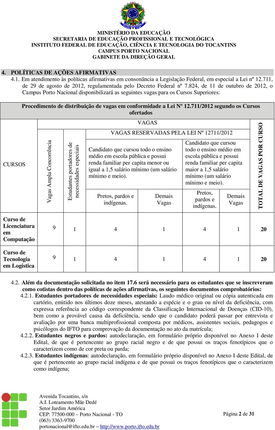 824, de 11 de outubro de 2012, o Campus Porto Nacional disponibilizará as seguintes vagas para os Cursos Superiores: CURSOS Procedimento de distribuição de vagas em conformidade a Lei Nº 12.