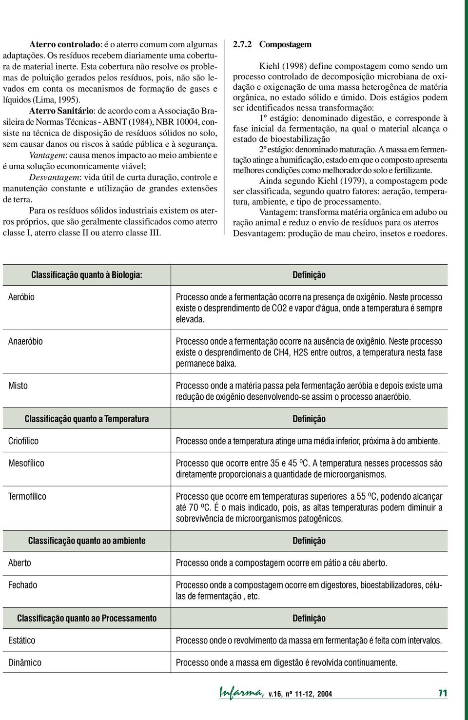 Aterro Sanitário: de acordo com a Associação Brasileira de Normas Técnicas - ABNT (1984), NBR 10004, consiste na técnica de disposição de resíduos sólidos no solo, sem causar danos ou riscos à saúde