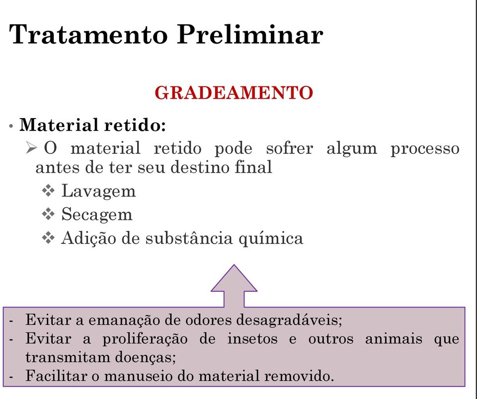 Evitar a emanação de odores desagradáveis; - Evitar a proliferação de insetos