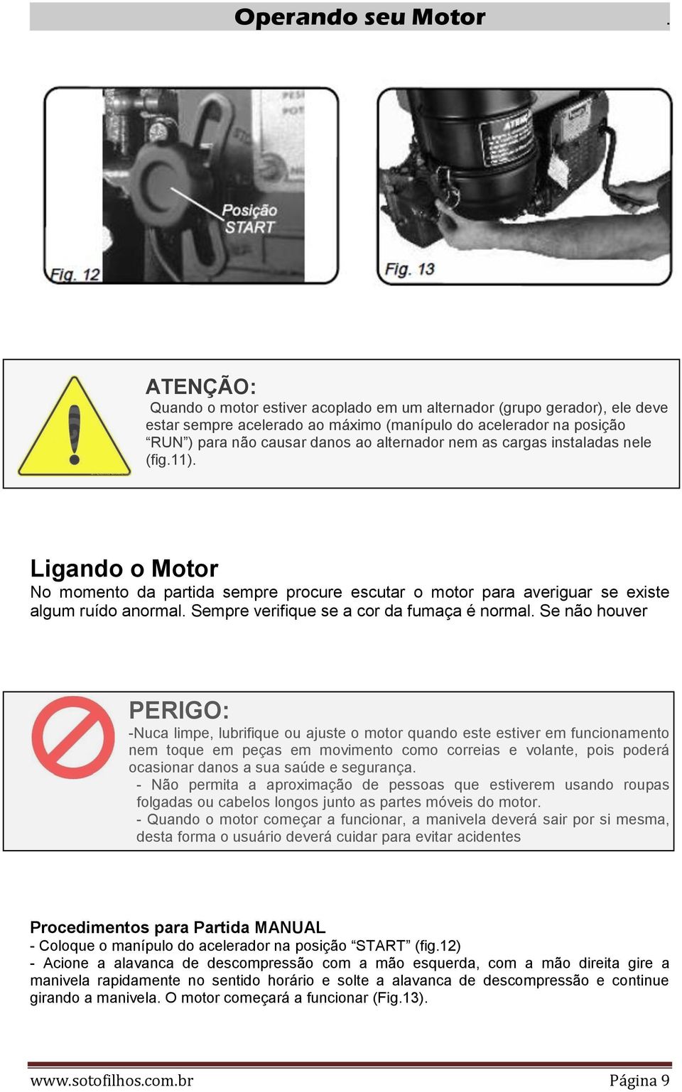 as cargas instaladas nele (fig.11). Ligando o Motor No momento da partida sempre procure escutar o motor para averiguar se existe algum ruído anormal. Sempre verifique se a cor da fumaça é normal.