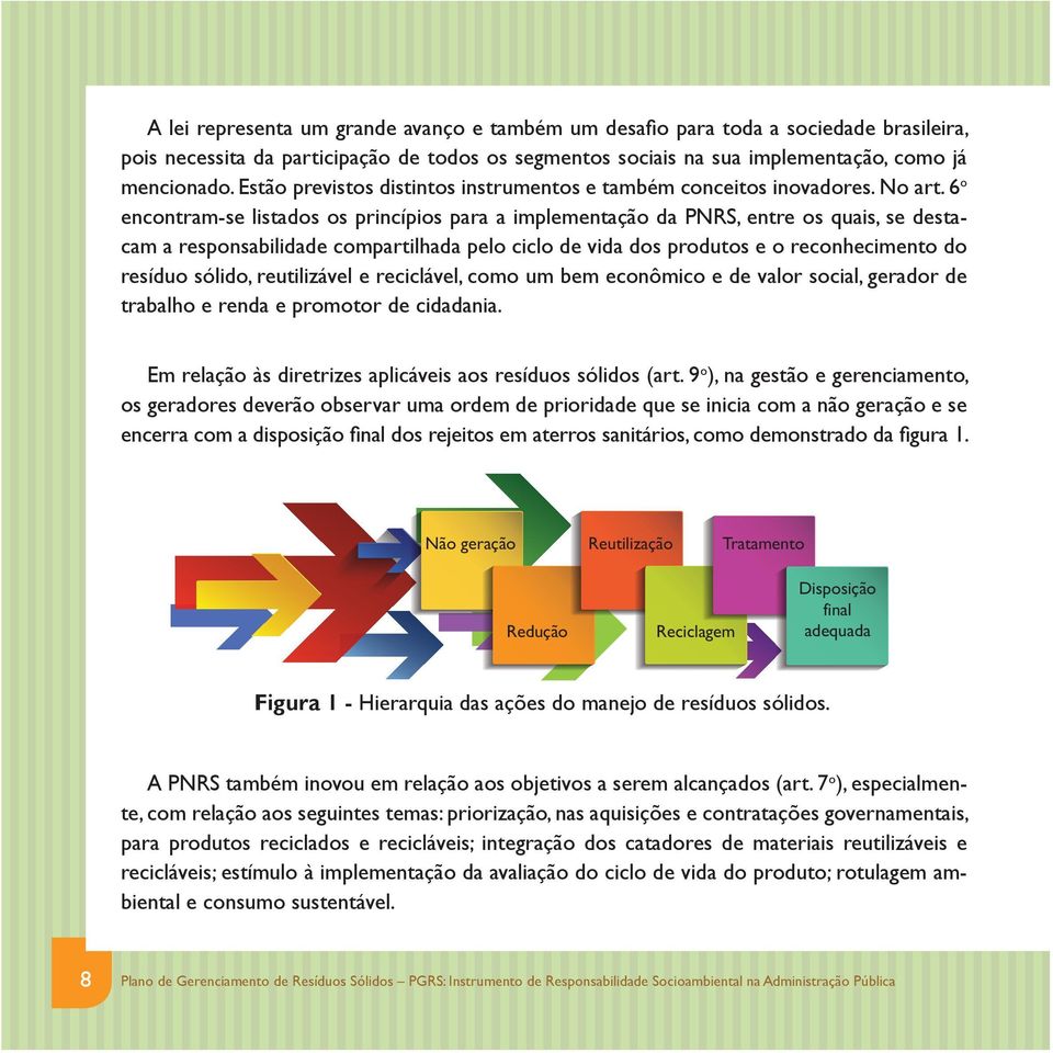 6o encontram-se listados os princípios para a implementação da PNRS, entre os quais, se destacam a responsabilidade compartilhada pelo ciclo de vida dos produtos e o reconhecimento do resíduo sólido,