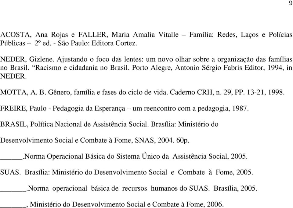 Caderno CRH, n. 29, PP. 13-21, 1998. FREIRE, Paulo - Pedagogia da Esperança um reencontro com a pedagogia, 1987. BRASIL, Política Nacional de Assistência Social.