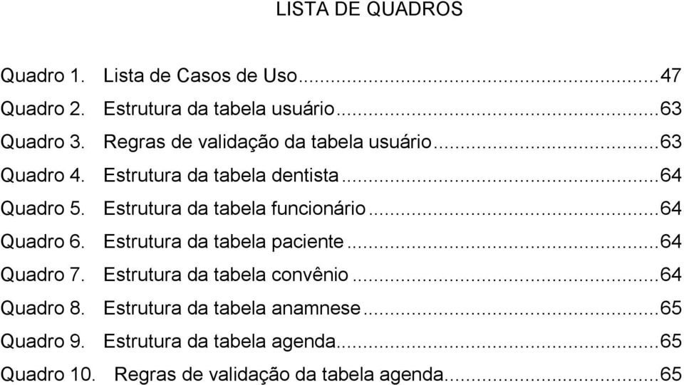 Estrutura da tabela funcionário... 64 Quadro 6. Estrutura da tabela paciente... 64 Quadro 7.