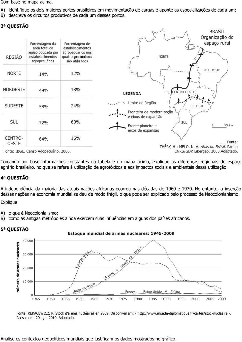 3ª QUESTÃO Tomando por base informações constantes na tabela e no mapa acima, explique as diferenças regionais do espaço agrário brasileiro, no que se refere à utilização de agrotóxicos e aos