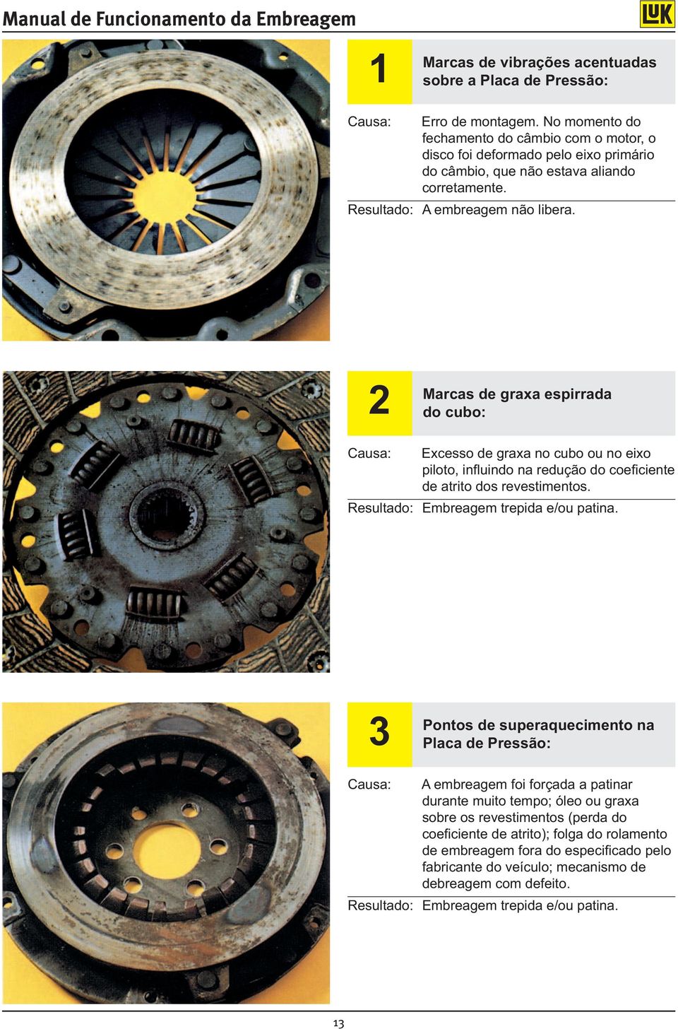 2 Marcas de graxa espirrada do cubo: Excesso de graxa no cubo ou no eixo piloto, influindo na redução do coeficiente de atrito dos revestimentos. Resultado: Embreagem trepida e/ou patina.