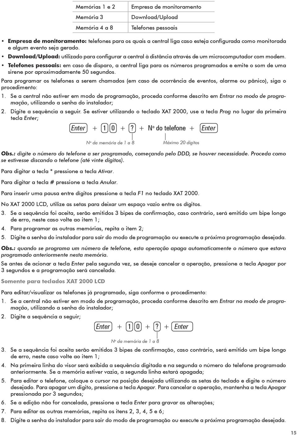 Telefones pessoais: em caso de disparo, a central liga para os números programados e emite o som de uma sirene por aproximadamente 50 segundos.