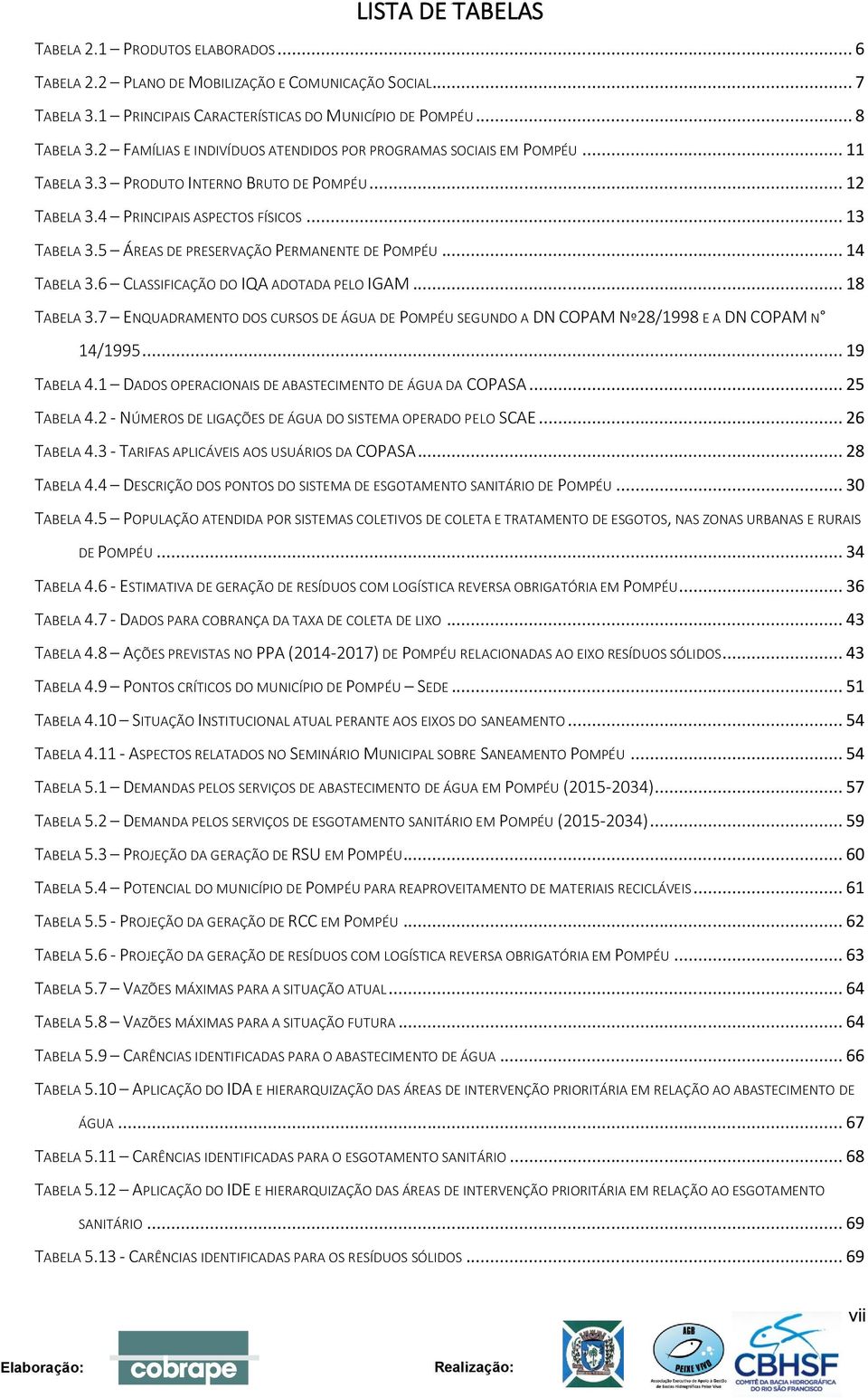 5 ÁREAS DE PRESERVAÇÃO PERMANENTE DE POMPÉU... 14 TABELA 3.6 CLASSIFICAÇÃO DO IQA ADOTADA PELO IGAM... 18 TABELA 3.