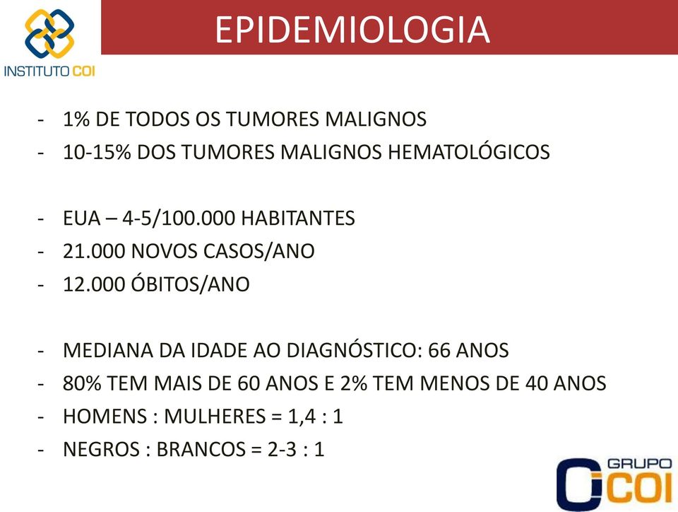 000 ÓBITOS/ANO - MEDIANA DA IDADE AO DIAGNÓSTICO: 66 ANOS - 80% TEM MAIS DE 60