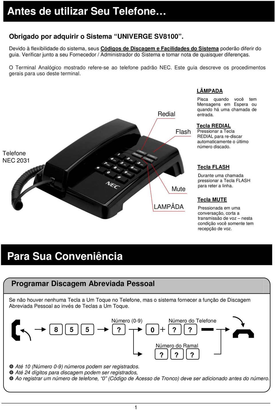 Este guia descreve os procedimentos gerais para uso deste terminal. Telefone NEC 2031 Redial Flash Mute LAMPÂDA LÂMPADA Pisca quando você tem Mensagens em Espera ou quando há uma chamada de entrada.