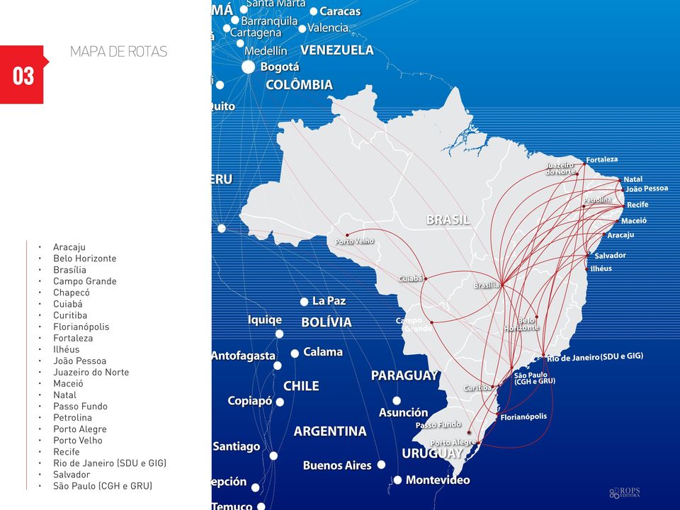 João Pessoa Juazeiro do Norte Maceió Natal Passo Fundo Petrolina Porto Alegre Porto Velho Recife Rio de Janeiro (SDU e GIG) Salvador São Paulo (CGH