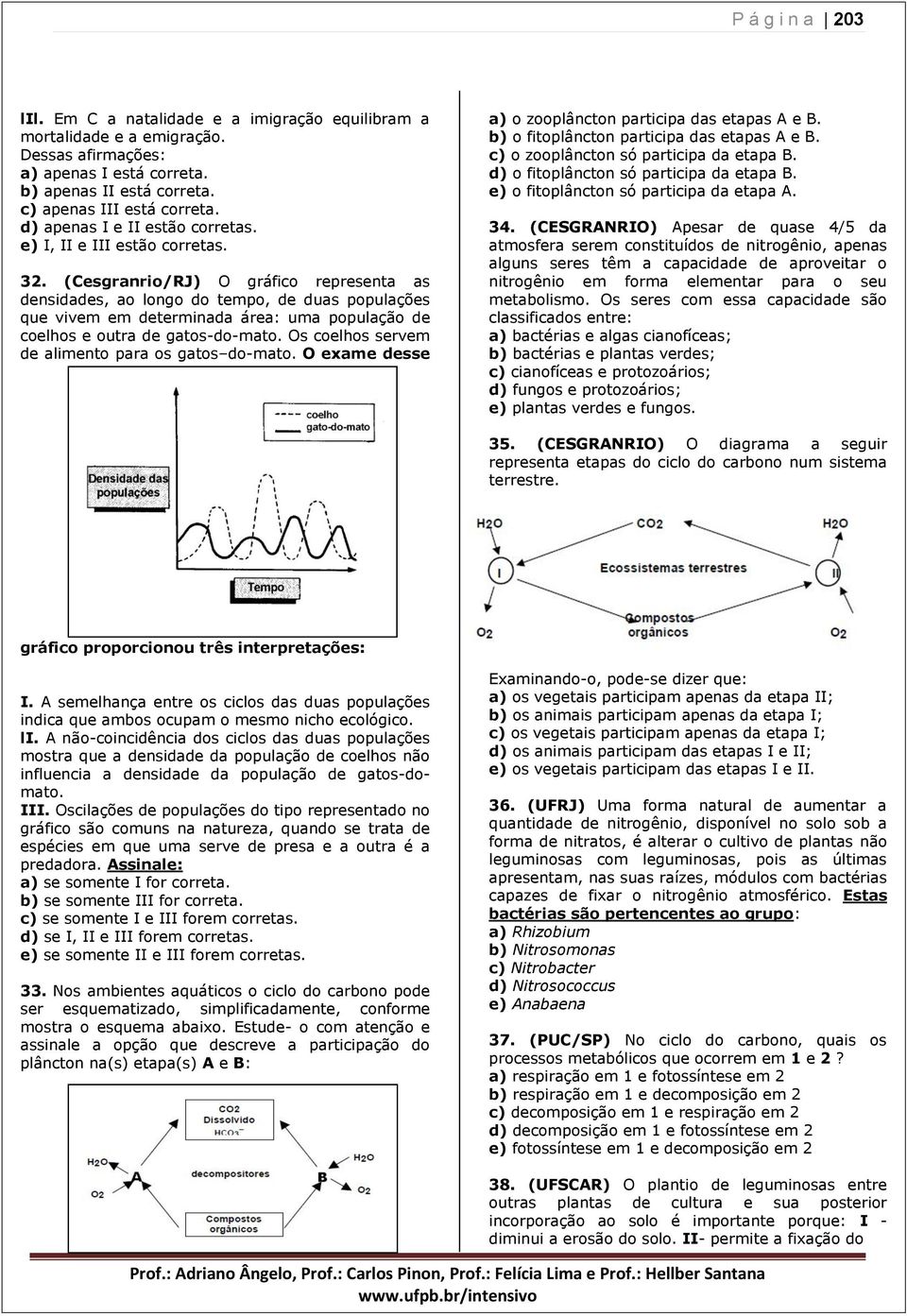 (Cesgranrio/RJ) O gráfico representa as densidades, ao longo do tempo, de duas populações que vivem em determinada área: uma população de coelhos e outra de gatos-do-mato.