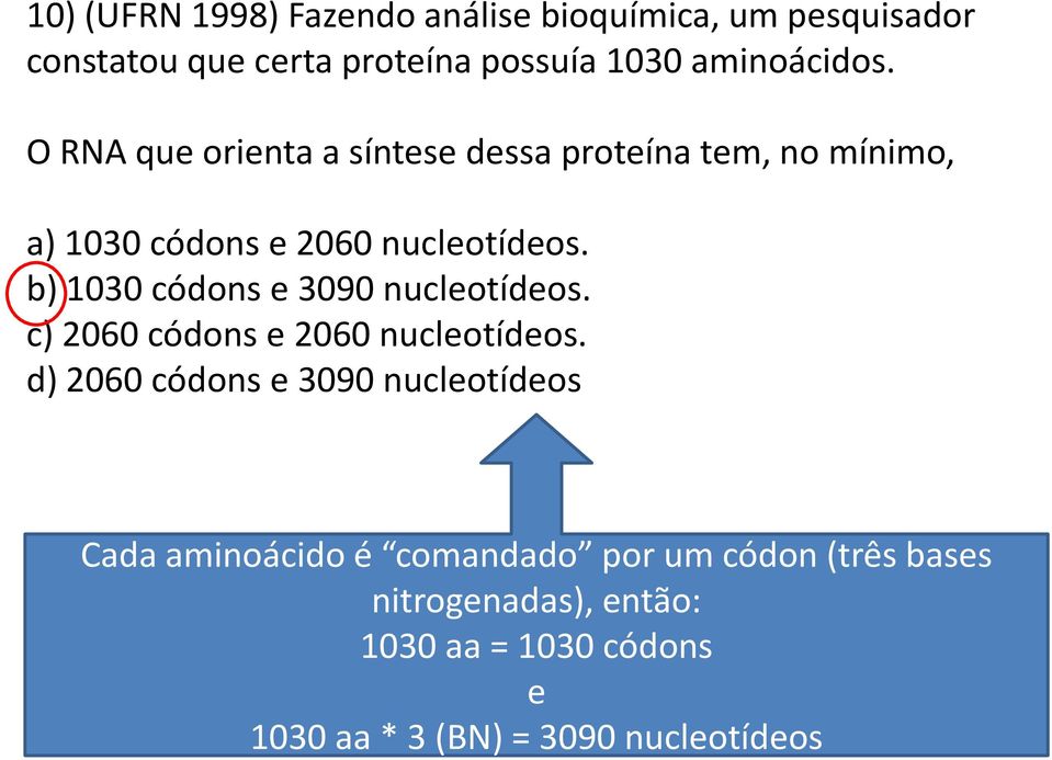 b) 1030 códons e 3090 nucleotídeos. c) 2060 códons e 2060 nucleotídeos.