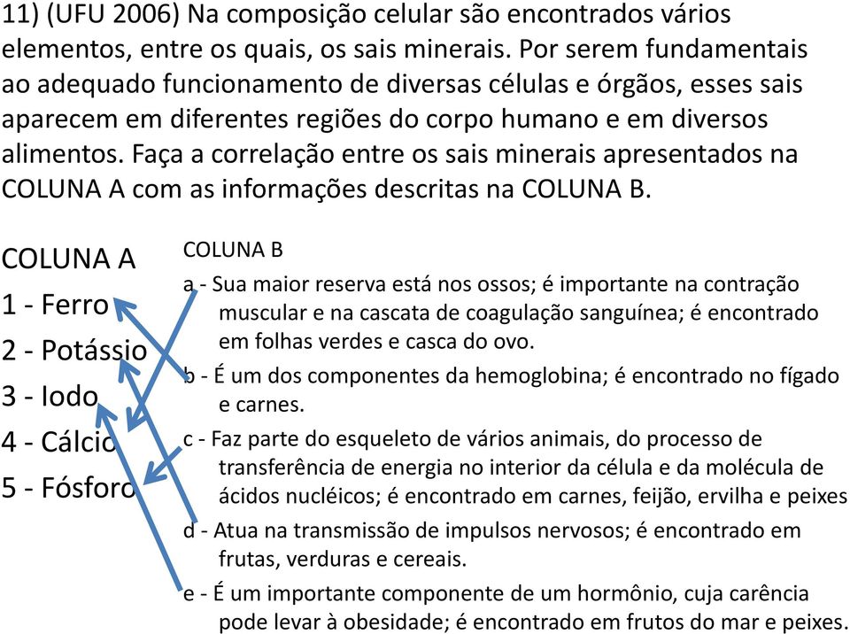 Faça a correlação entre os sais minerais apresentados na COLUNA A com as informações descritas na COLUNA B.