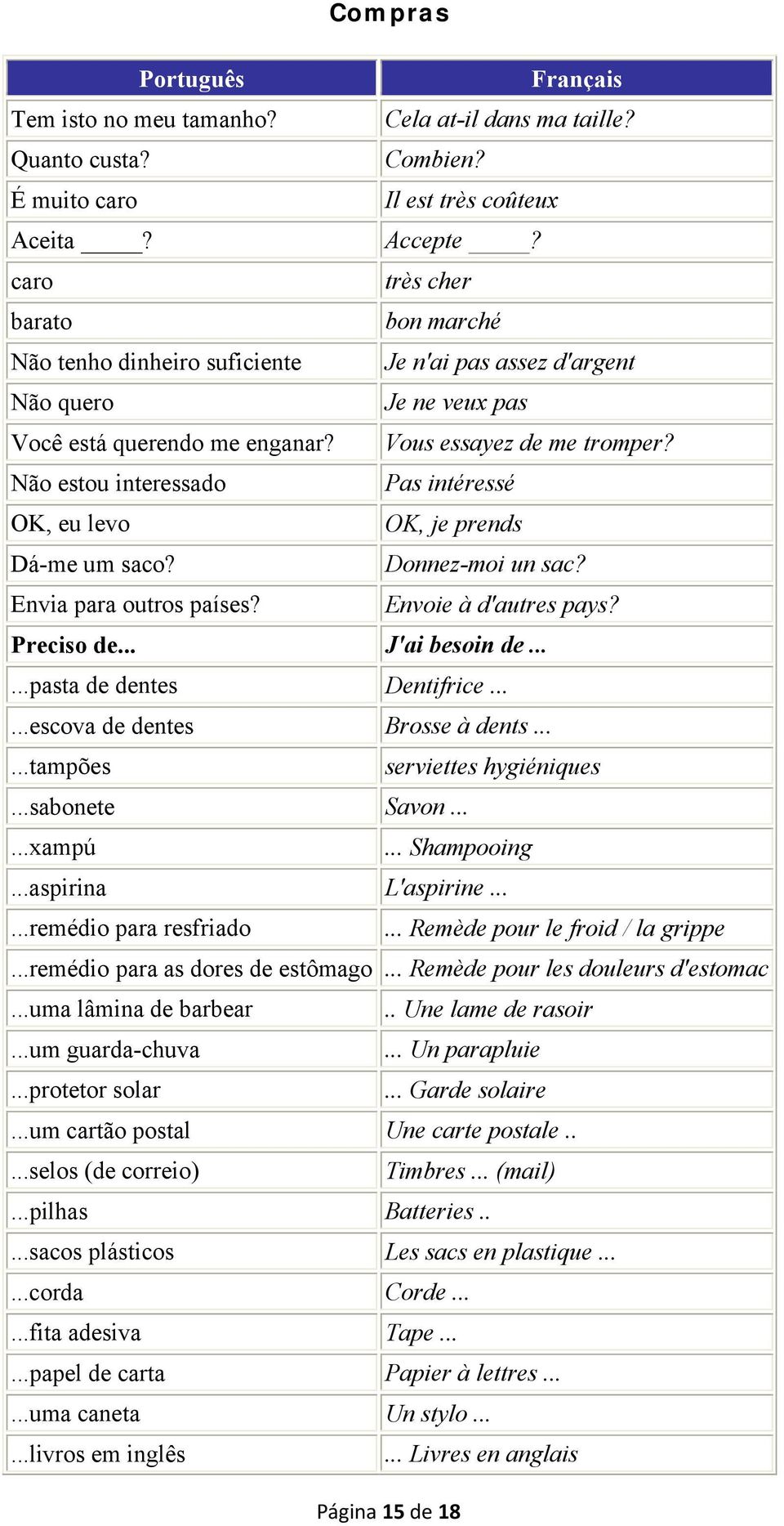 Não estou interessado Pas intéressé OK, eu levo OK, je prends Dá-me um saco? Donnez-moi un sac? Envia para outros países? Envoie à d'autres pays? Preciso de... J'ai besoin de.