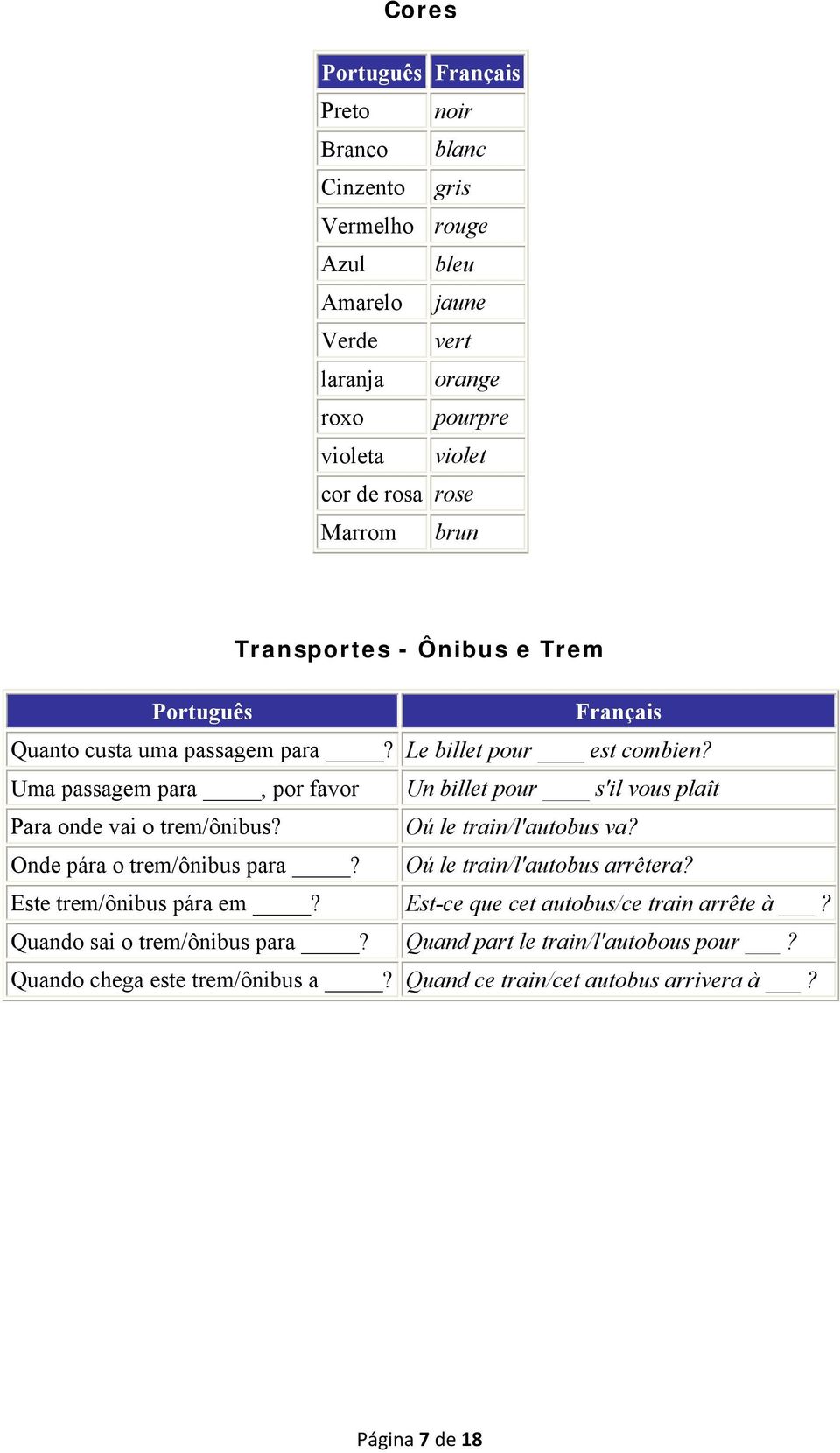 Uma passagem para, por favor Un billet pour s'il vous plaît Para onde vai o trem/ônibus? Oú le train/l'autobus va? Onde pára o trem/ônibus para?