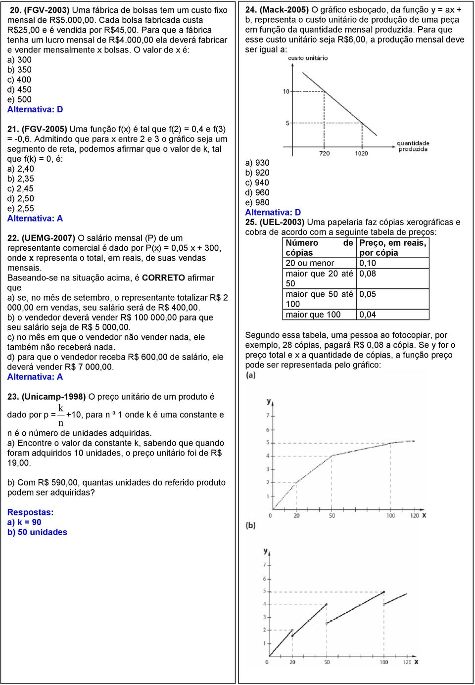 Admitindo que para x entre e 3 o gráfico seja um segmento de reta, podemos afirmar que o valor de k, tal que f(k) = 0, é: a),40 b),35 c),45 d),50 e),55 Alternativa: A.