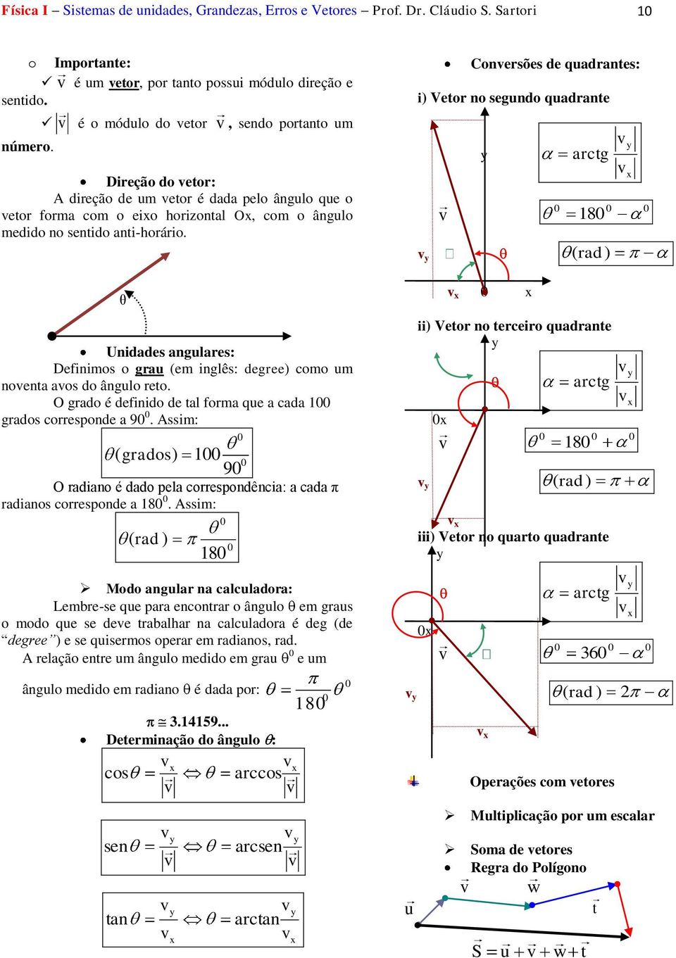 medido no tido anti-horário. θ Unidades anglares: Definimos o gra (em inglês: degree) como m noenta aos do ânglo reto. O grado é definido de tal forma qe a cada 100 grados corresponde a 90 0.