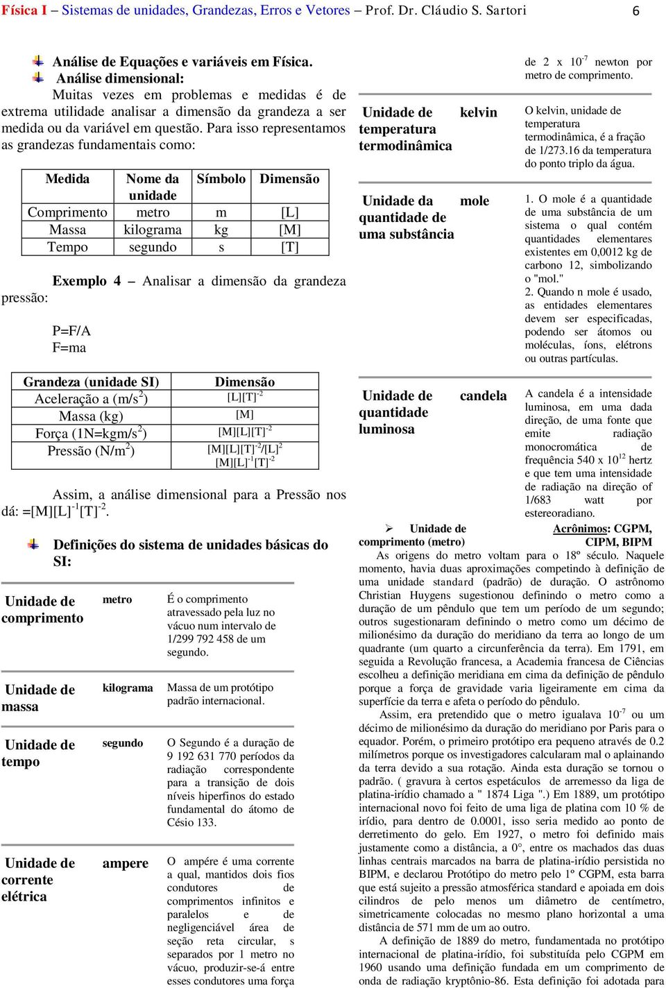 Para isso repretamos as grandezas fndamentais como: Medida Nome da Símbolo Dimensão nidade Comprimento metro m [L] Massa kilograma kg [M] Tempo segndo s [T] Eemplo 4 Analisar a dimensão da grandeza