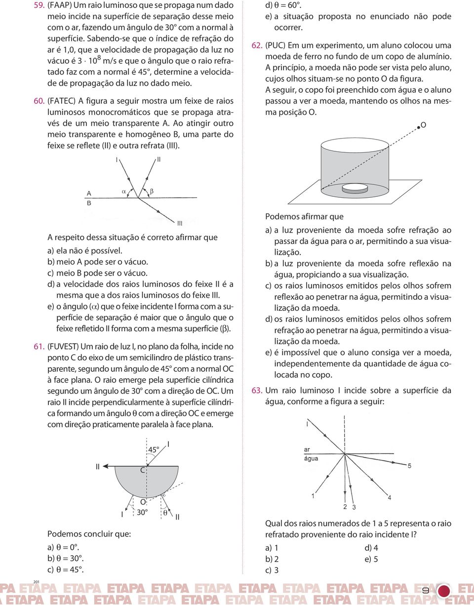 propagação da luz no dado meio. 60. (FATEC) A figura a seguir mostra um feixe de raios luminosos monocromáticos que se propaga através de um meio transparente A.