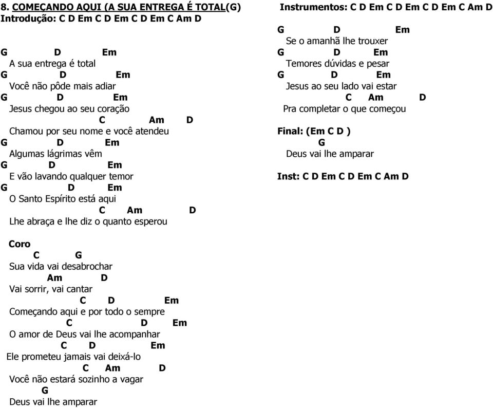 Em C Am D G D Em Se o amanhã lhe trouxer G D Em Temores dúvidas e pesar G D Em Jesus ao seu lado vai estar C Am D Pra completar o que começou Final: (Em C D ) G Deus vai lhe amparar Inst: C D Em C D