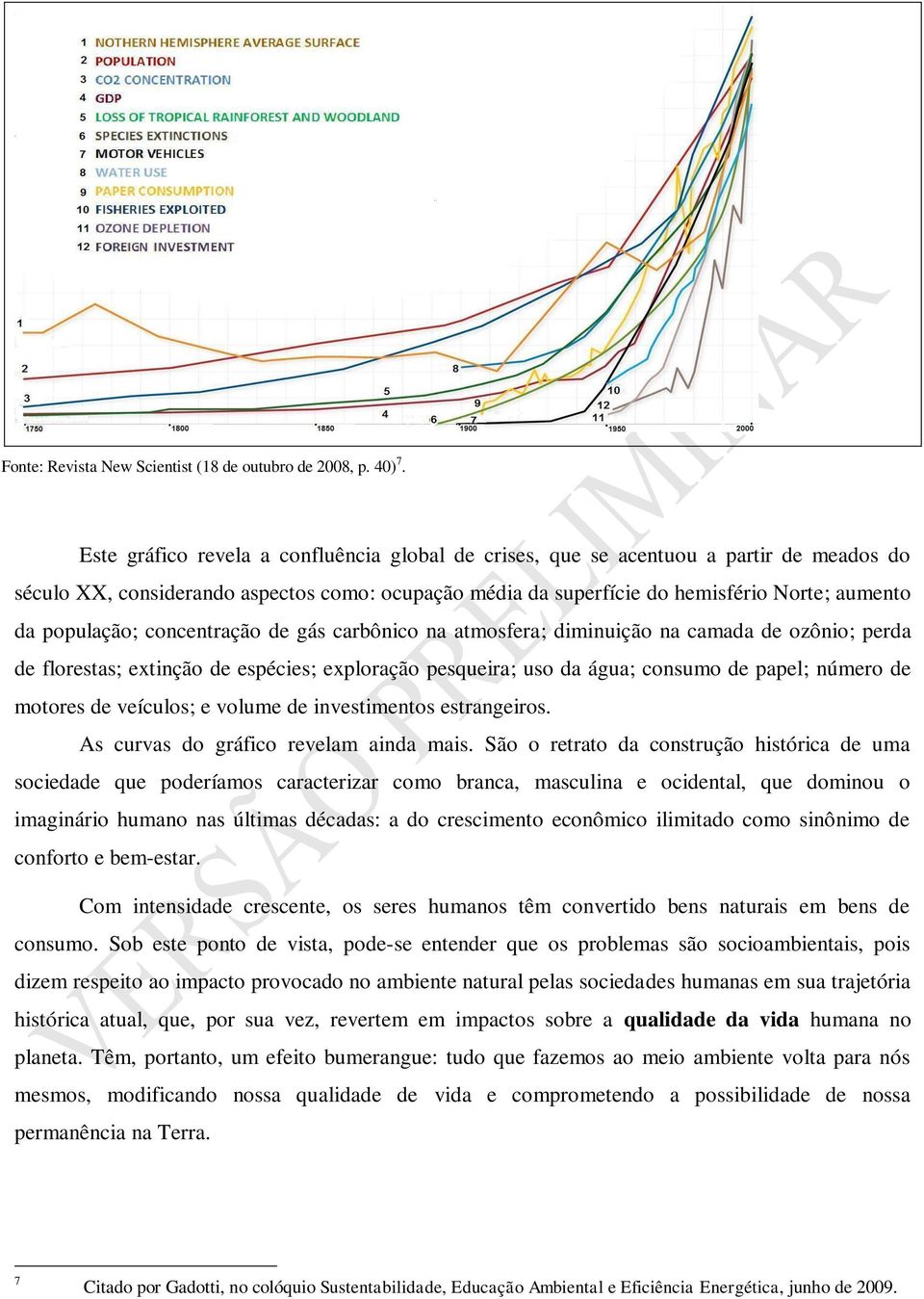 população; concentração de gás carbônico na atmosfera; diminuição na camada de ozônio; perda de florestas; extinção de espécies; exploração pesqueira; uso da água; consumo de papel; número de motores