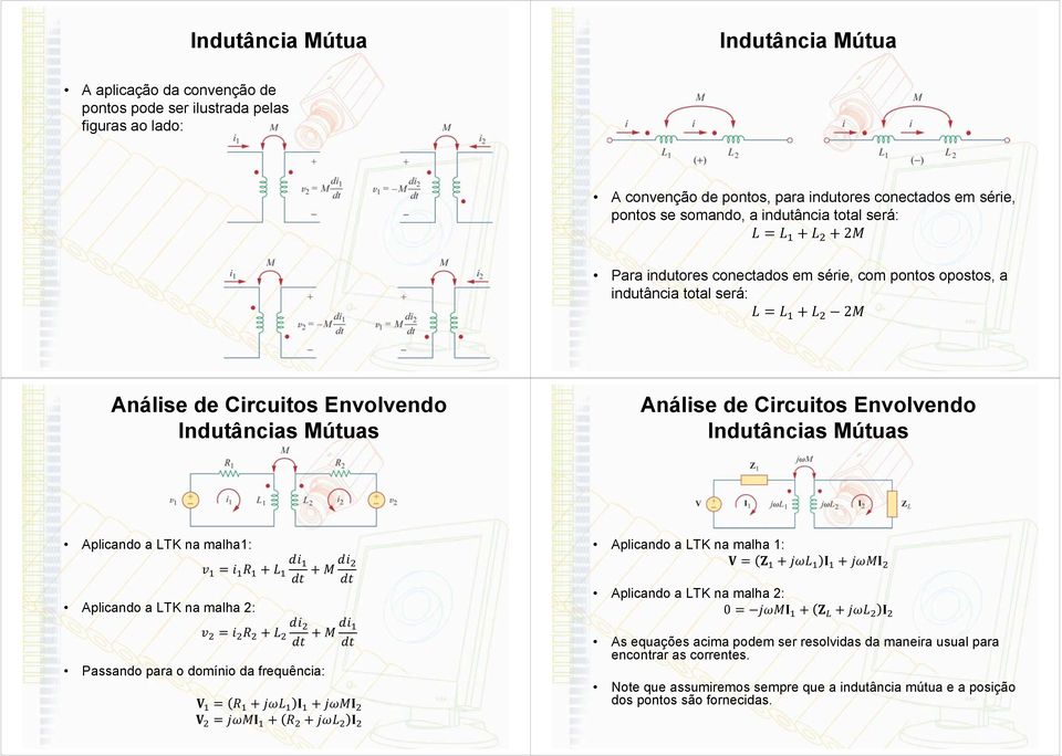 Mútuas Aplicando a LTK na malha1: = + + Aplicando a LTK na malha 2: = + + Passando para o domínio da frequência: = + + = + + Aplicando a LTK na malha 1: = + + Aplicando a LTK na malha