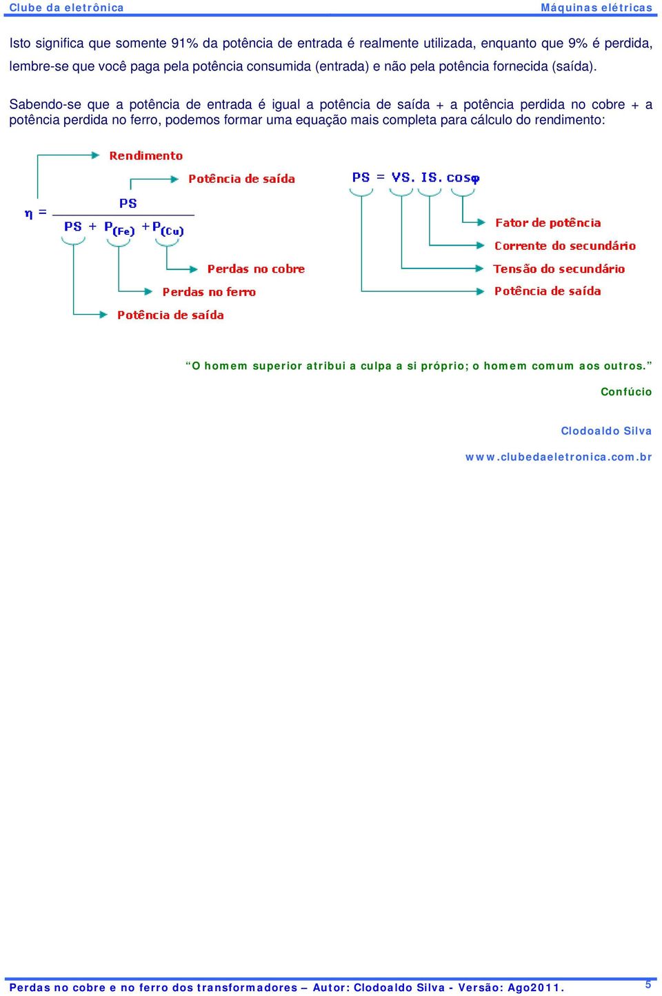 Sabendo-se que a potência de entrada é igual a potência de saída + a potência perdida no cobre + a potência perdida no ferro, podemos formar uma equação