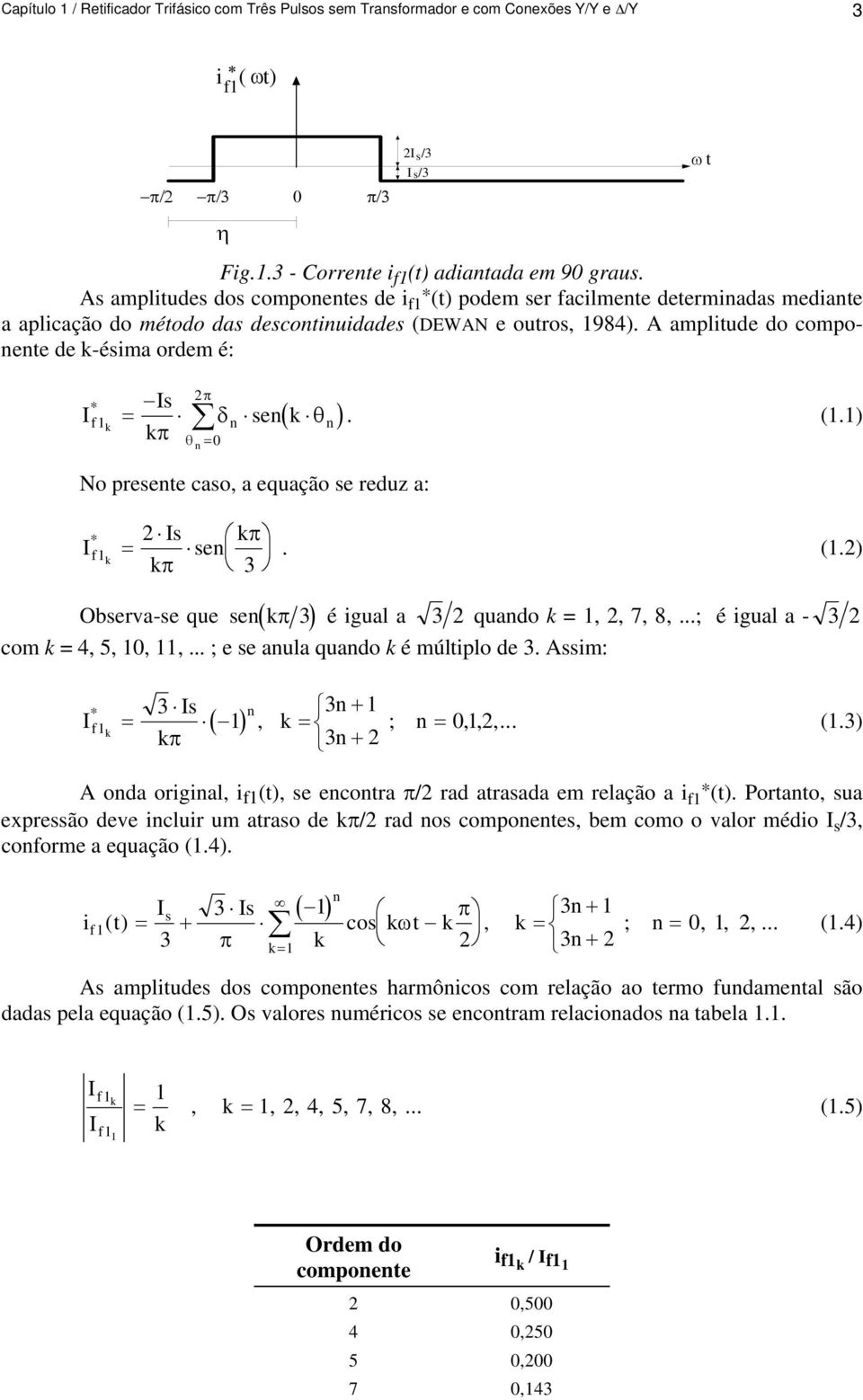 A amplitude do componente de k-ésima ordem é: I Is senk k * f1k n n n 0 No presente caso, a equação se reduz a: I * f1 k. (1.1) Is sen k. (1.) k Observa-se que senk é igual a quando k = 1,, 7, 8,.