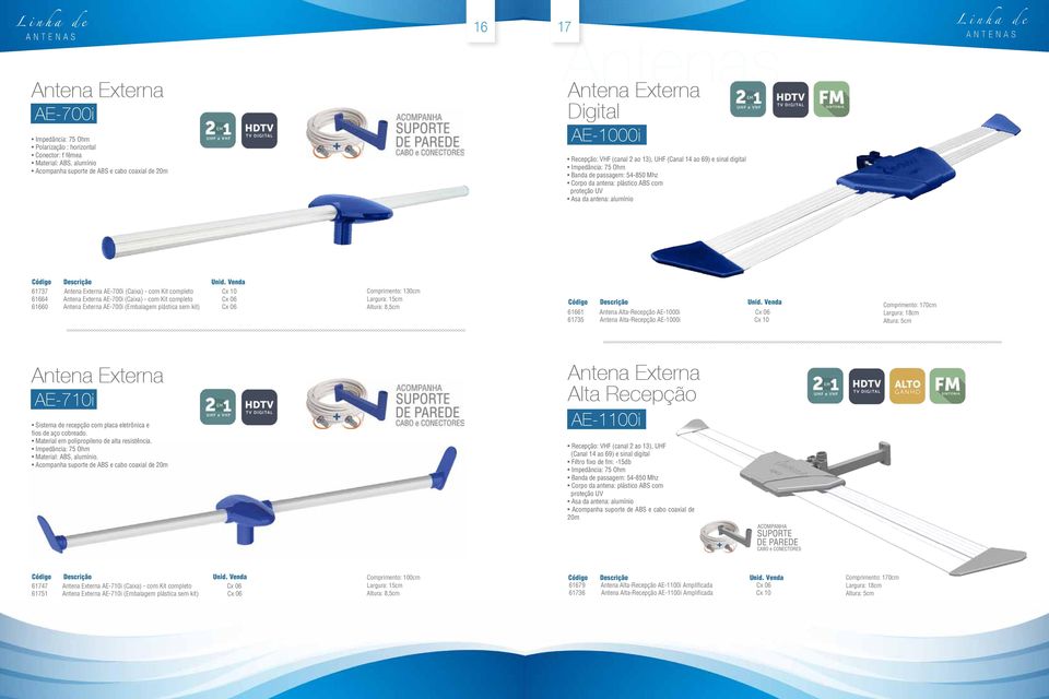 Kit completo Cx 06 61660 AE-700i (Embalagem plástica sem kit) Cx 06 Comprimento: 130cm Largura: 15cm Altura: 8,5cm 61661 Antena Alta-Recepção AE-1000i Cx 06 61735 Antena Alta-Recepção AE-1000i Cx 10