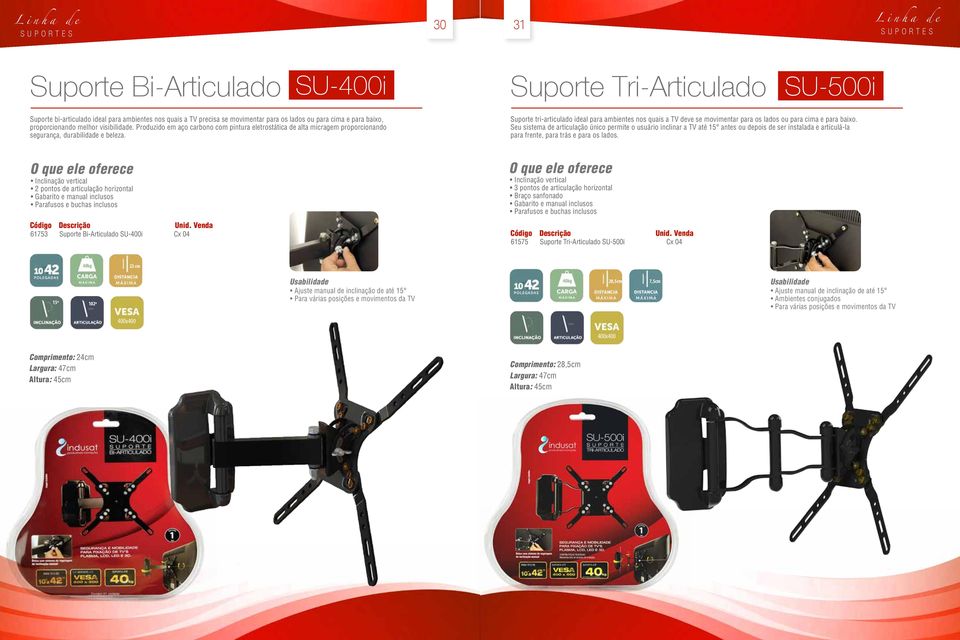 Suporte Tri-Articulado SU-500i Suporte tri-articulado ideal para ambientes nos quais a TV deve se movimentar para os lados ou para cima e para baixo.