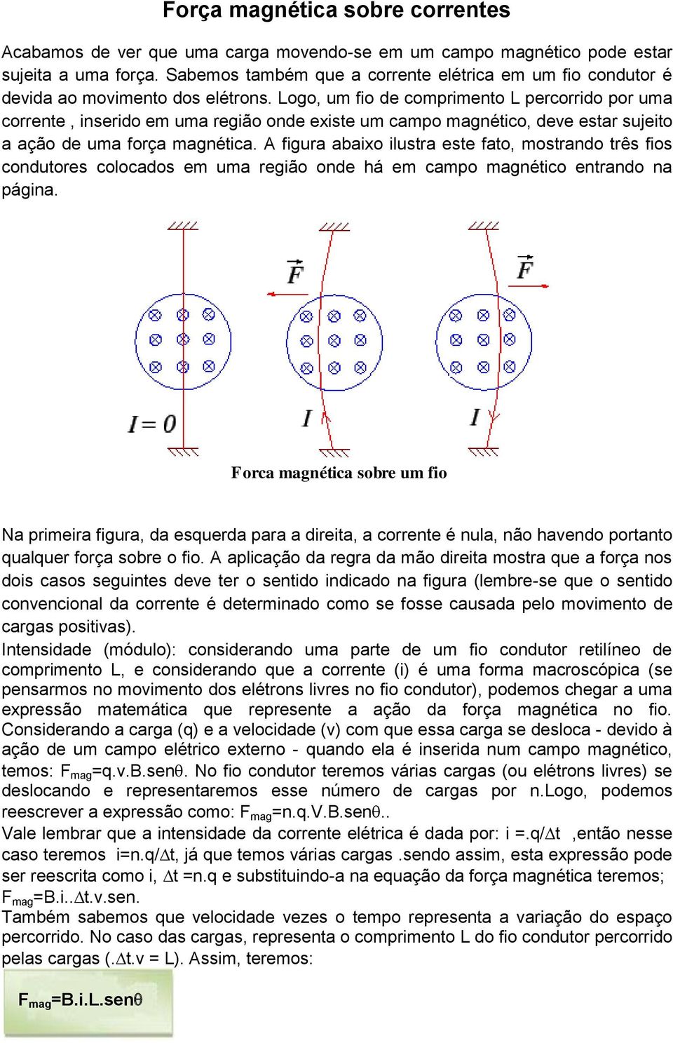 Logo, um fio de comprimento L percorrido por uma corrente, inserido em uma região onde existe um campo magnético, deve estar sujeito a ação de uma força magnética.