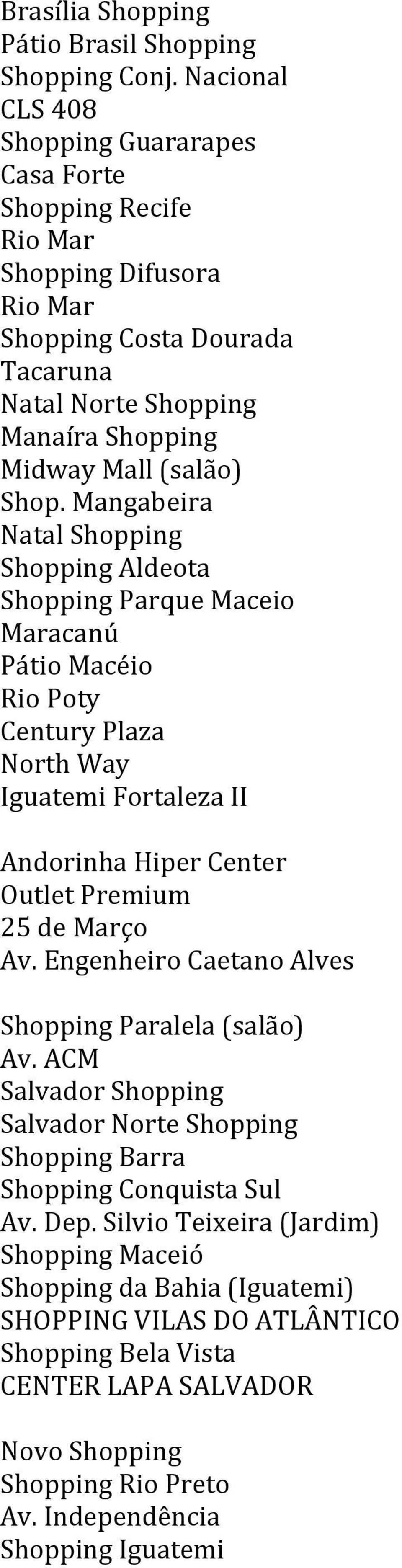 Mangabeira Natal Shopping Shopping Aldeota Shopping Parque Maceio Maracanú Pátio Macéio Rio Poty Century Plaza North Way Iguatemi Fortaleza II Andorinha Hiper Center Outlet Premium 25 de Março Av.