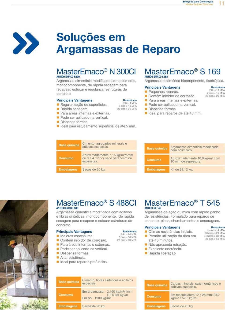 Ideal para estucamento superficial de até 5 mm. 24h > 4 MPA 7 dias > 10 MPA 28 dias > 20 MPA MasterEmaco S 169 ANTIGO EMACO S168 Argamassa polimérica bicomponente, tixotrópica. Pequenos reparos.