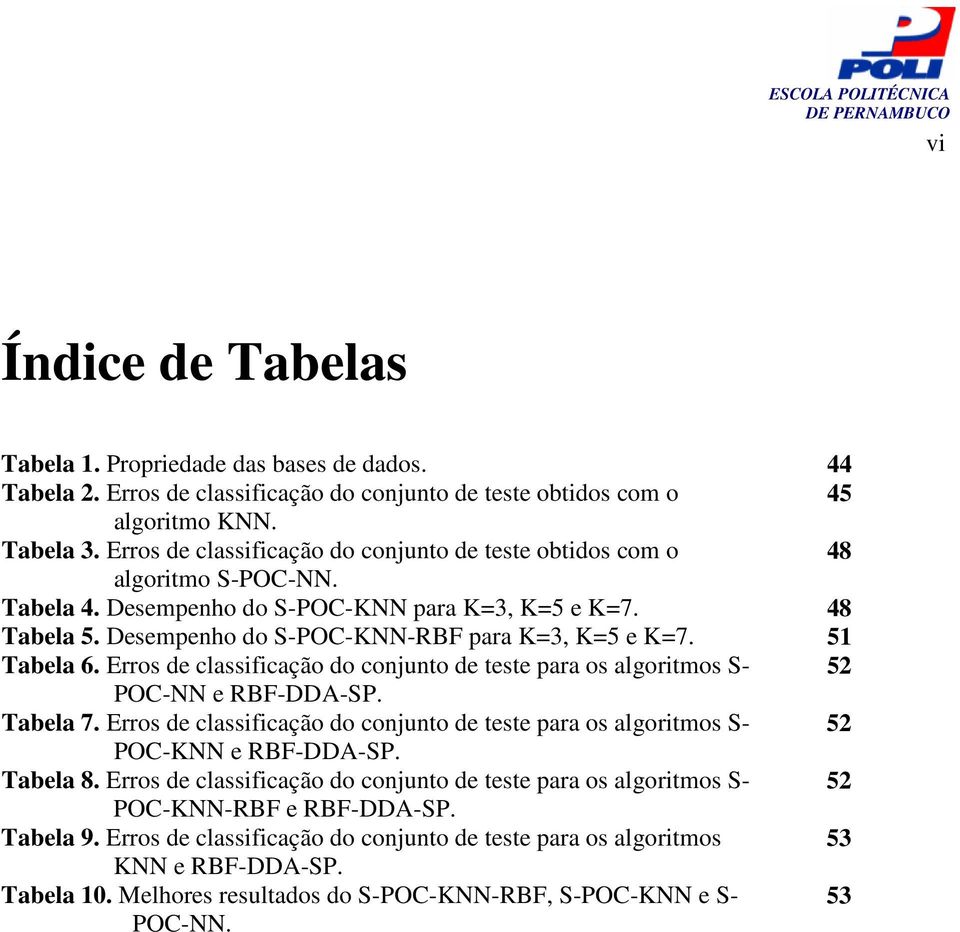 51 Tabela 6. Erros de classificação do conjunto de teste para os algoritmos S- 52 POC-NN e RBF-DDA-SP. Tabela 7.