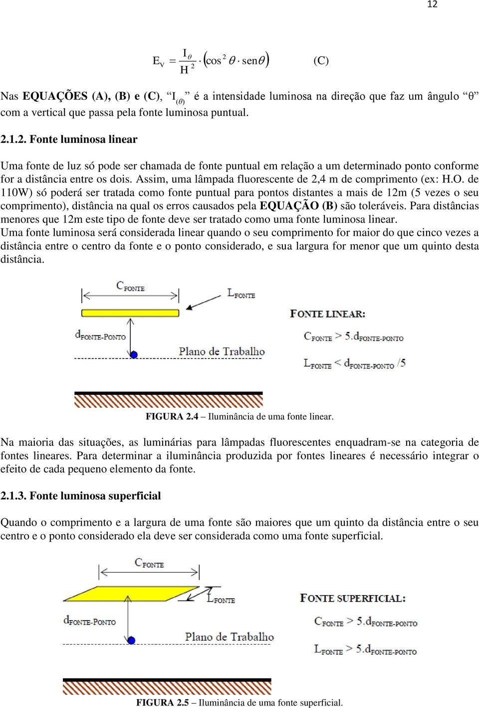 de 110W) só poderá ser tratada como fonte puntual para pontos distantes a mais de 12m (5 vezes o seu comprimento), distância na qual os erros causados pela EQUAÇÃO (B) são toleráveis.