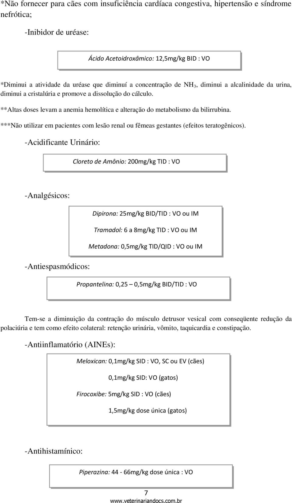 **Altas doses levam a anemia hemolítica e alteração do metabolismo da bilirrubina. ***Não utilizar em pacientes com lesão renal ou fêmeas gestantes (efeitos teratogênicos).