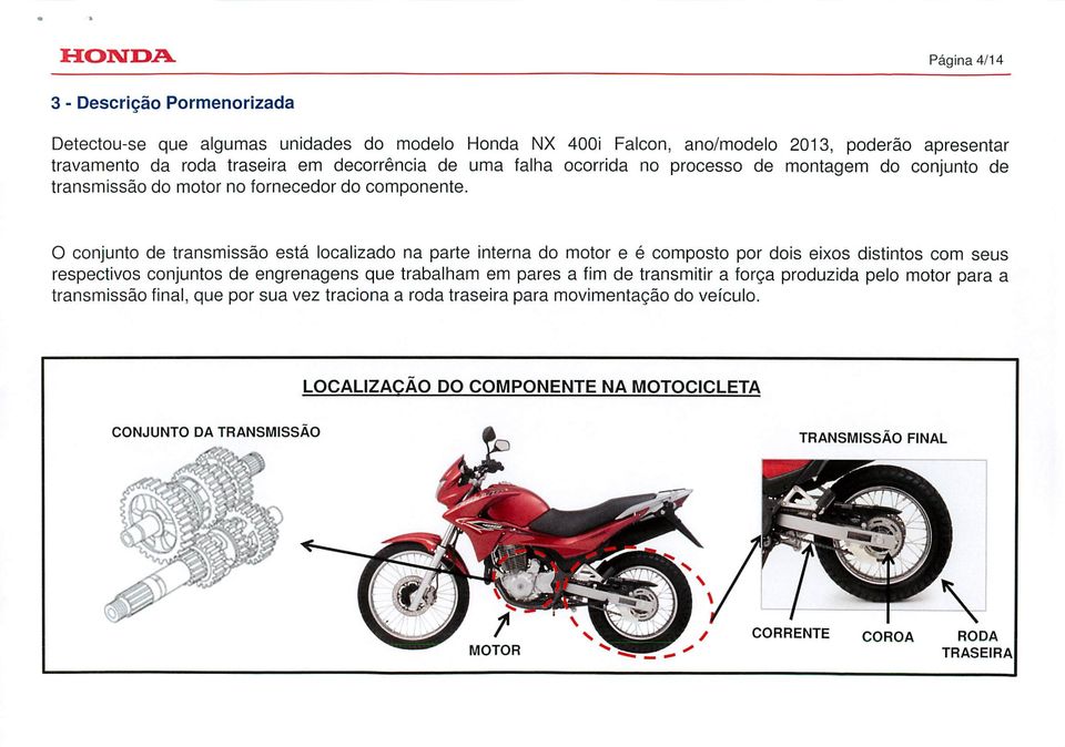 O conjunto de transmissão está localizado na parte interna do motor e é composto por dois eixos distintos com seus respectivos conjuntos de engrenagens que trabalham em pares a fim de