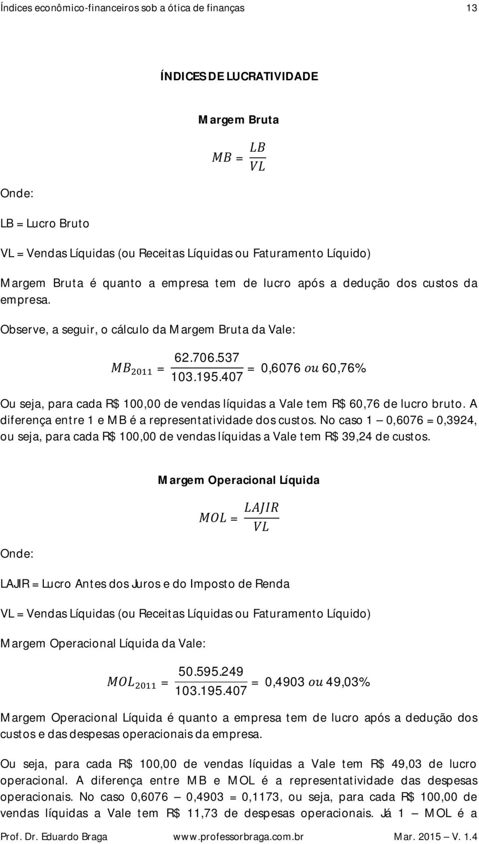 A diferença entre 1 e MB é a representatividade dos custos. No caso 1 0,6076 = 0,394, ou seja, para cada R$ 100,00 de vendas líquidas a Vale tem R$ 39,4 de custos.