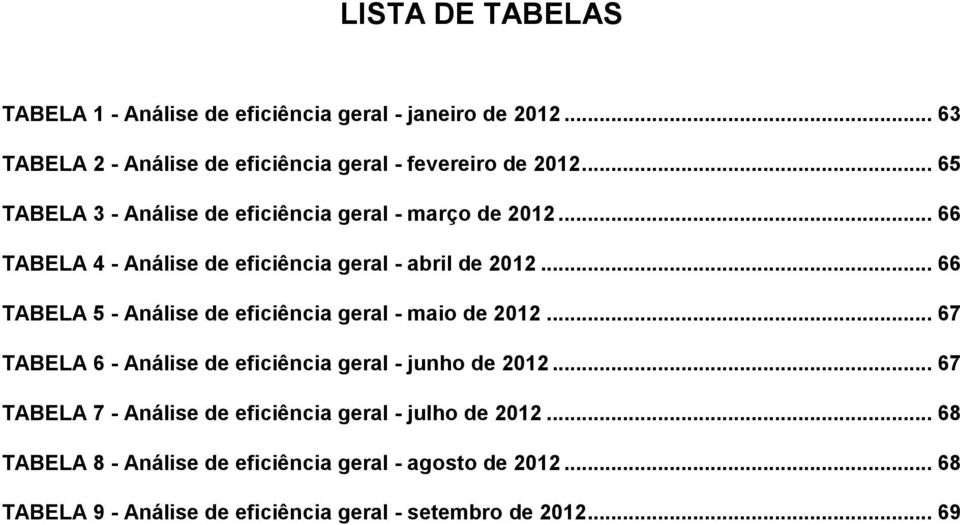 .. 66 TABELA 5 - Análise de eficiência geral - maio de 2012... 67 TABELA 6 - Análise de eficiência geral - junho de 2012.