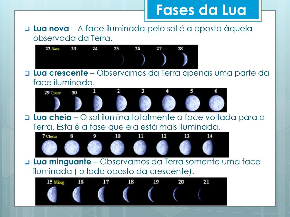 Lua cheia O sol ilumina totalmente a face voltada para a Terra.