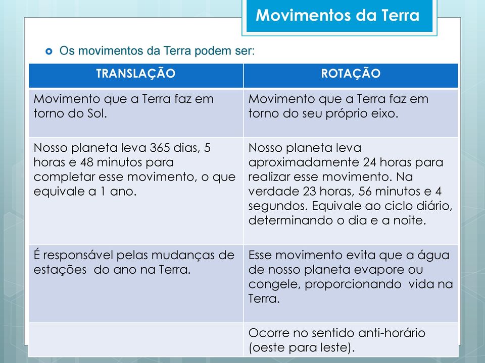 ROTAÇÃO Movimento que a Terra faz em torno do seu próprio eixo. Nosso planeta leva aproximadamente 24 horas para realizar esse movimento.