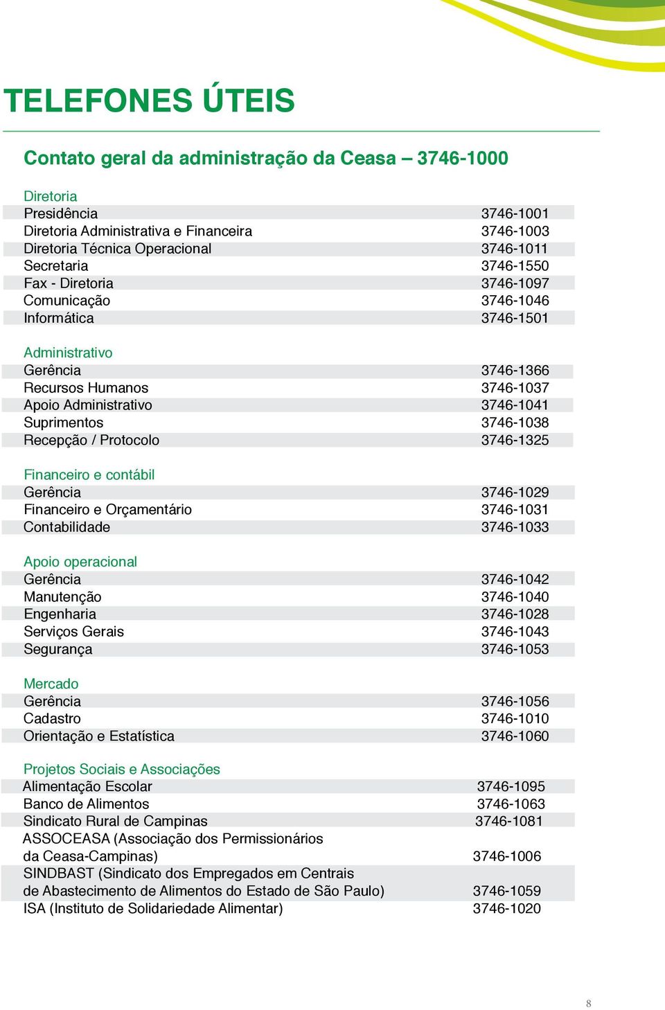 Recepção / Protocolo 3746-1325 Financeiro e contábil Gerência 3746-1029 Financeiro e Orçamentário 3746-1031 Contabilidade 3746-1033 Apoio operacional Gerência 3746-1042 Manutenção 3746-1040