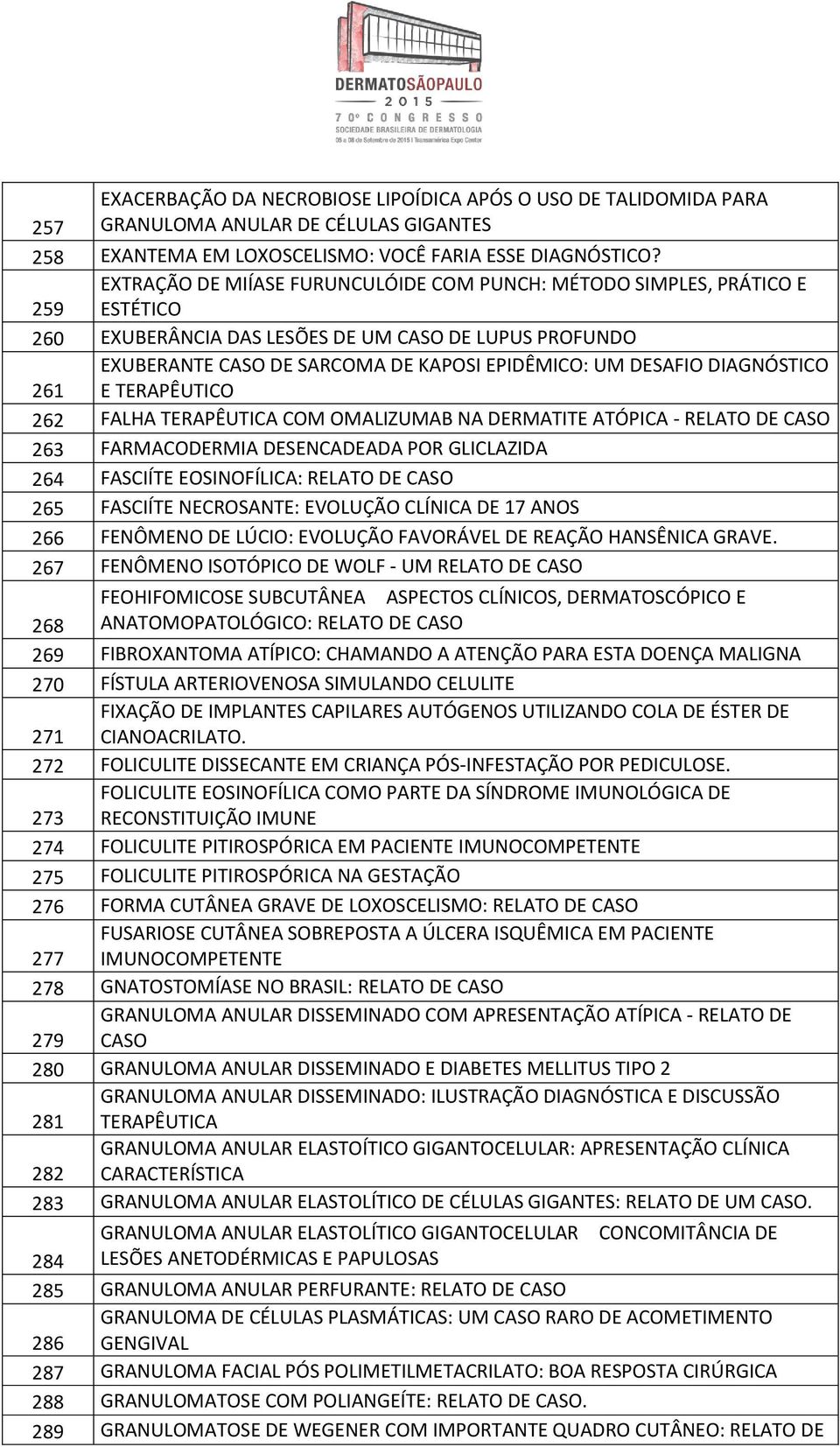 DIAGNÓSTICO 261 E TERAPÊUTICO 262 FALHA TERAPÊUTICA COM OMALIZUMAB NA DERMATITE ATÓPICA - RELATO DE CASO 263 FARMACODERMIA DESENCADEADA POR GLICLAZIDA 264 FASCIÍTE EOSINOFÍLICA: RELATO DE CASO 265