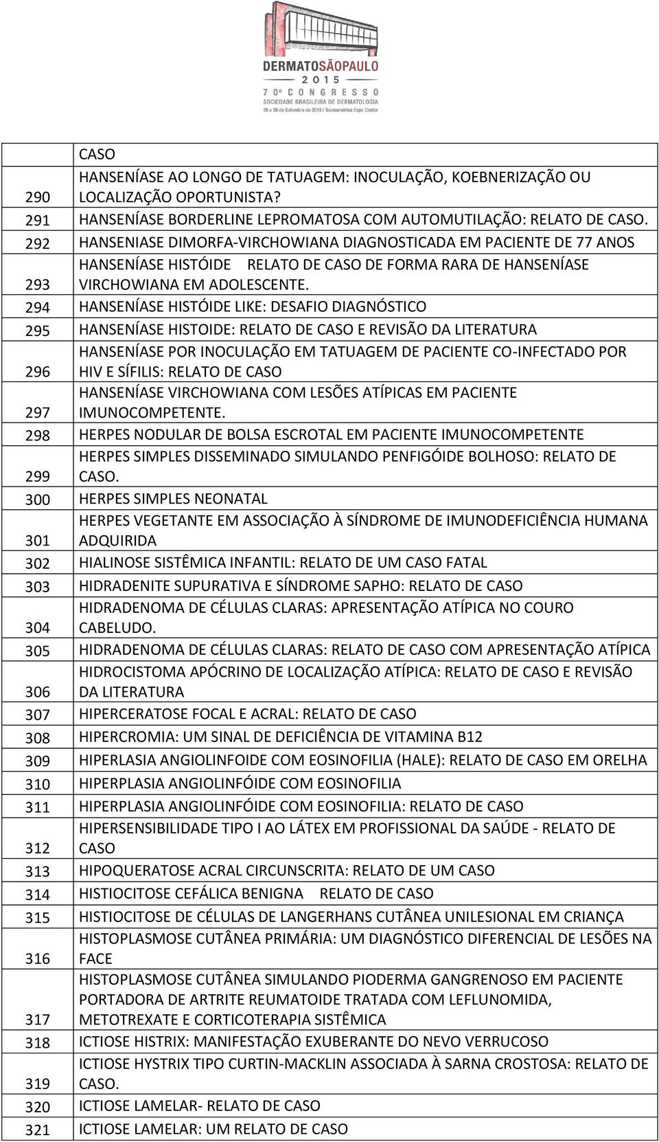 294 HANSENÍASE HISTÓIDE LIKE: DESAFIO DIAGNÓSTICO 295 HANSENÍASE HISTOIDE: RELATO DE CASO E REVISÃO DA LITERATURA HANSENÍASE POR INOCULAÇÃO EM TATUAGEM DE PACIENTE CO-INFECTADO POR 296 HIV E SÍFILIS: