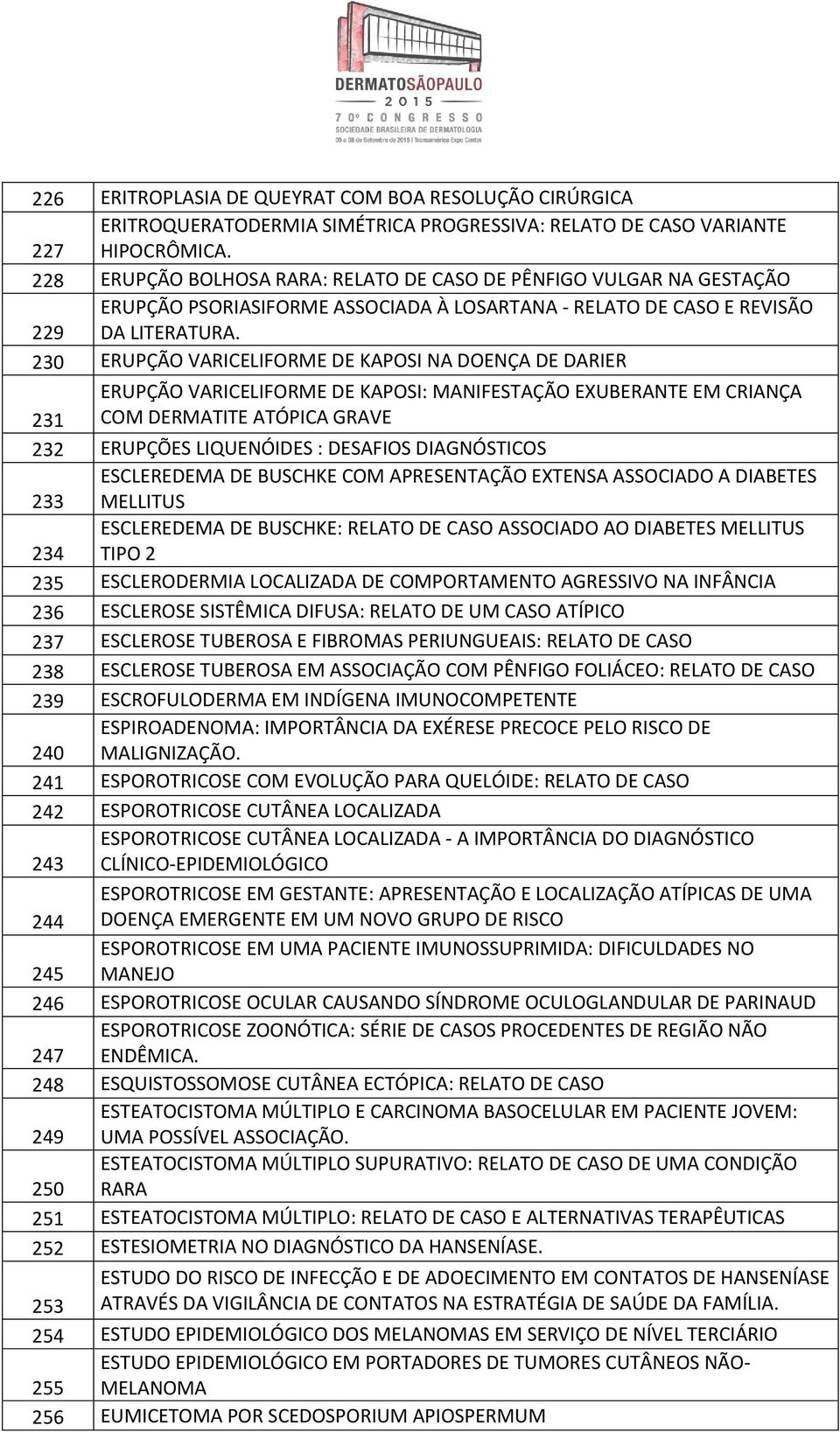 230 ERUPÇÃO VARICELIFORME DE KAPOSI NA DOENÇA DE DARIER ERUPÇÃO VARICELIFORME DE KAPOSI: MANIFESTAÇÃO EXUBERANTE EM CRIANÇA 231 COM DERMATITE ATÓPICA GRAVE 232 ERUPÇÕES LIQUENÓIDES : DESAFIOS