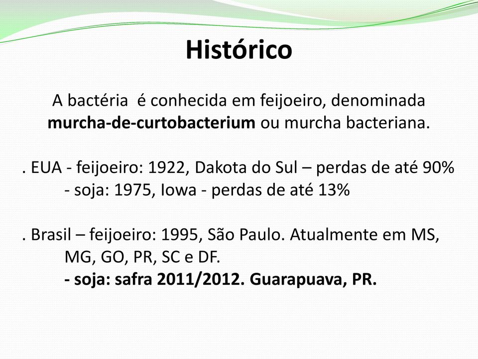 . EUA - feijoeiro: 1922, Dakota do Sul perdas de até 90% - soja: 1975, Iowa -