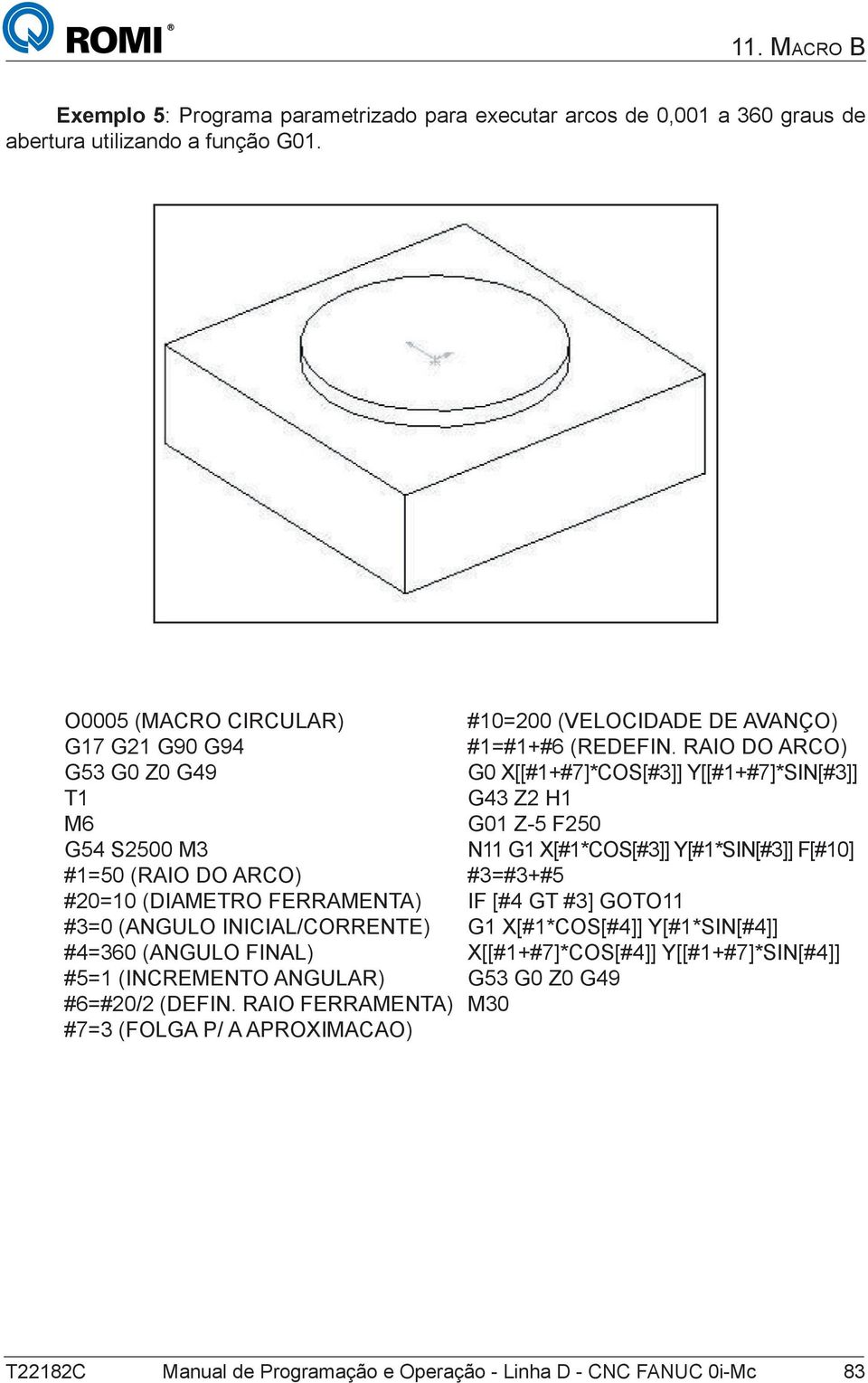 (INCREMENTO ANGULAR) #6=#20/2 (DEFIN. RAIO FERRAMENTA) #7=3 (FOLGA P/ A APROXIMACAO) #10=200 (VELOCIDADE DE AVANÇO) #1=#1+#6 (REDEFIN.