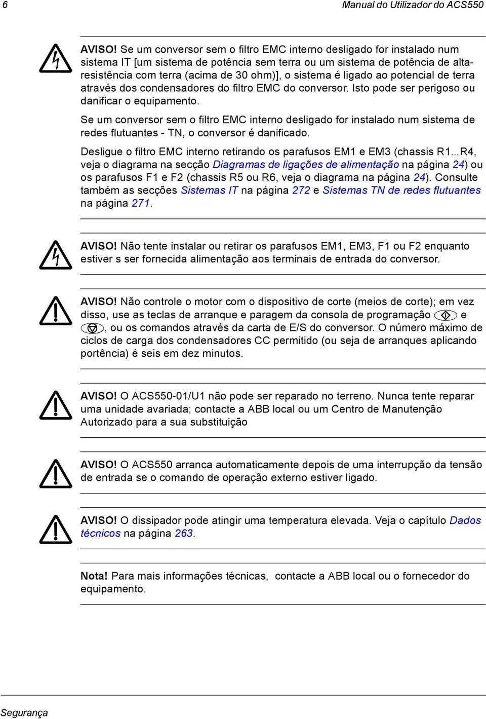 é ligado ao potencial de terra através dos condensadores do filtro EMC do conversor. Isto pode ser perigoso ou danificar o equipamento.